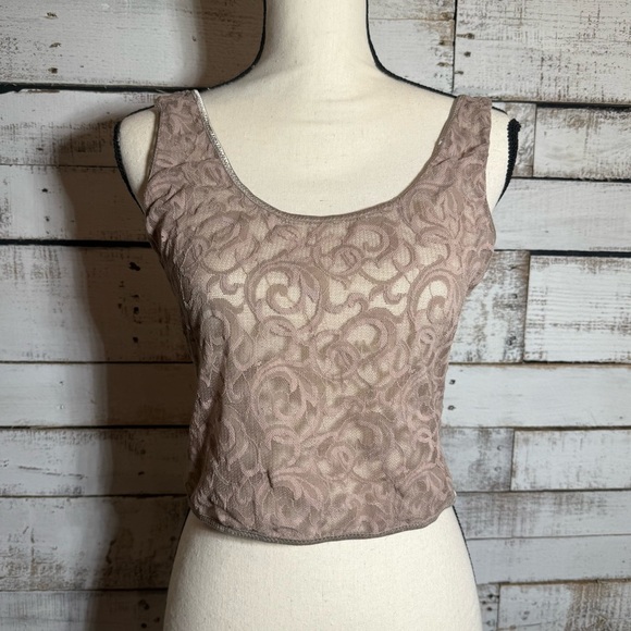 Vintage Natori II Short Sheer Tan Cream Lace Tank Top- Size Large - Picture 1 of 8